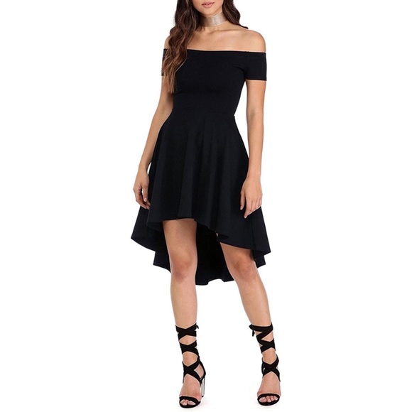 SARIN MATHEWS BLACK OFF THE SHOULDER HI LOW SKATER DRESS SIZE LARGE - Picture 2 of 6